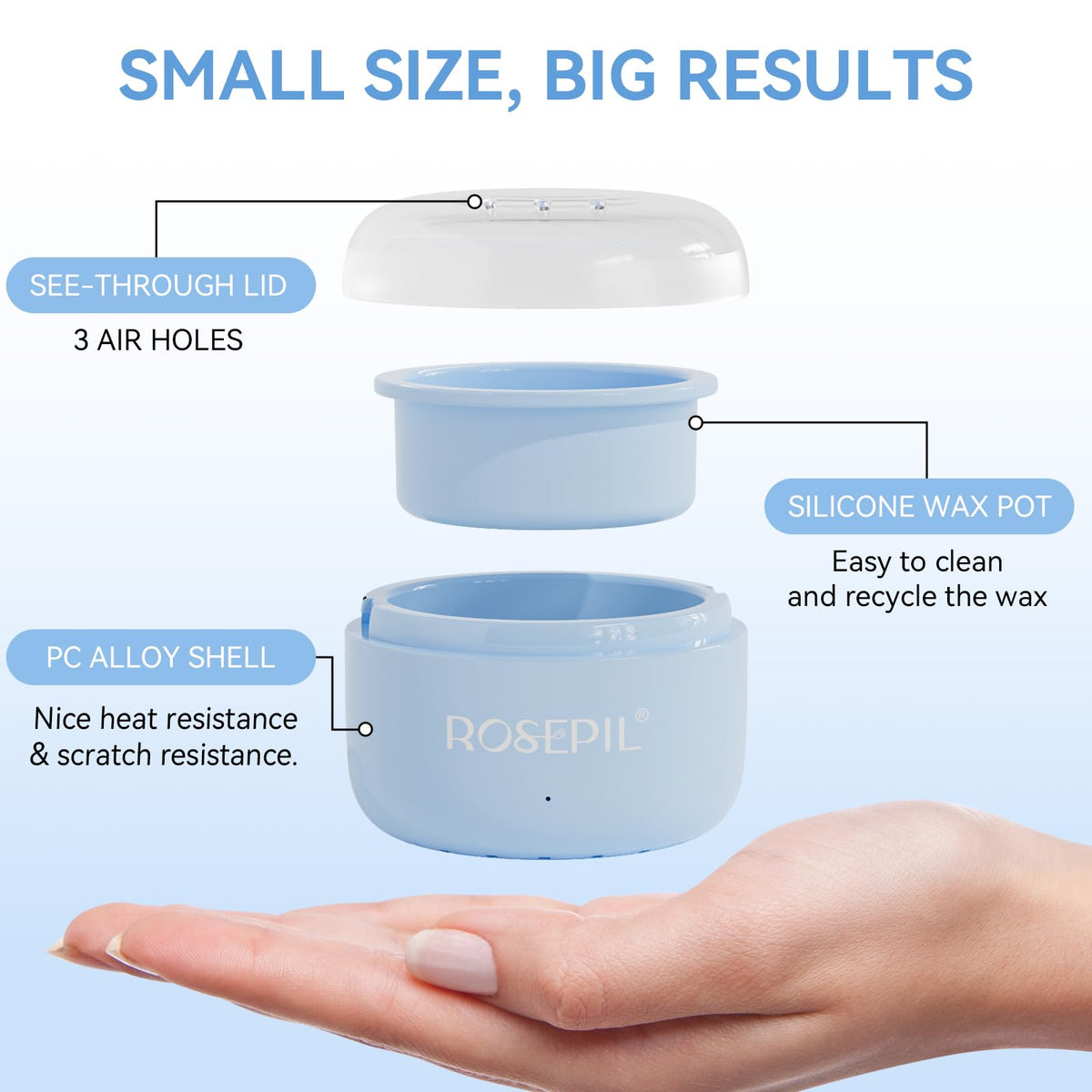 ROSEPIL portable wax warmer illustrates compact design for home or travel.
