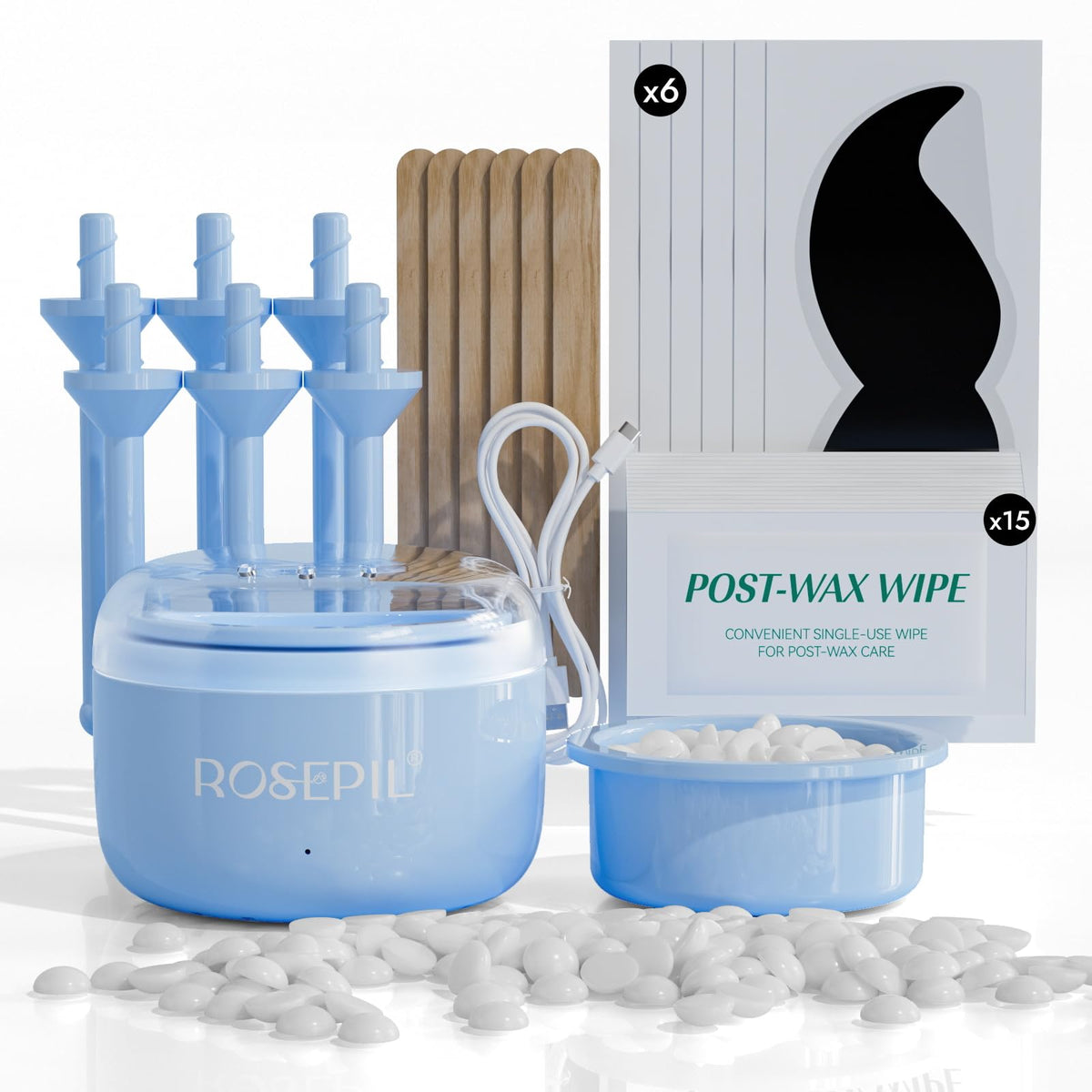 ROSEPIL waxing kit main shot highlights all-in-one grooming for nose, ears, brows and lips.