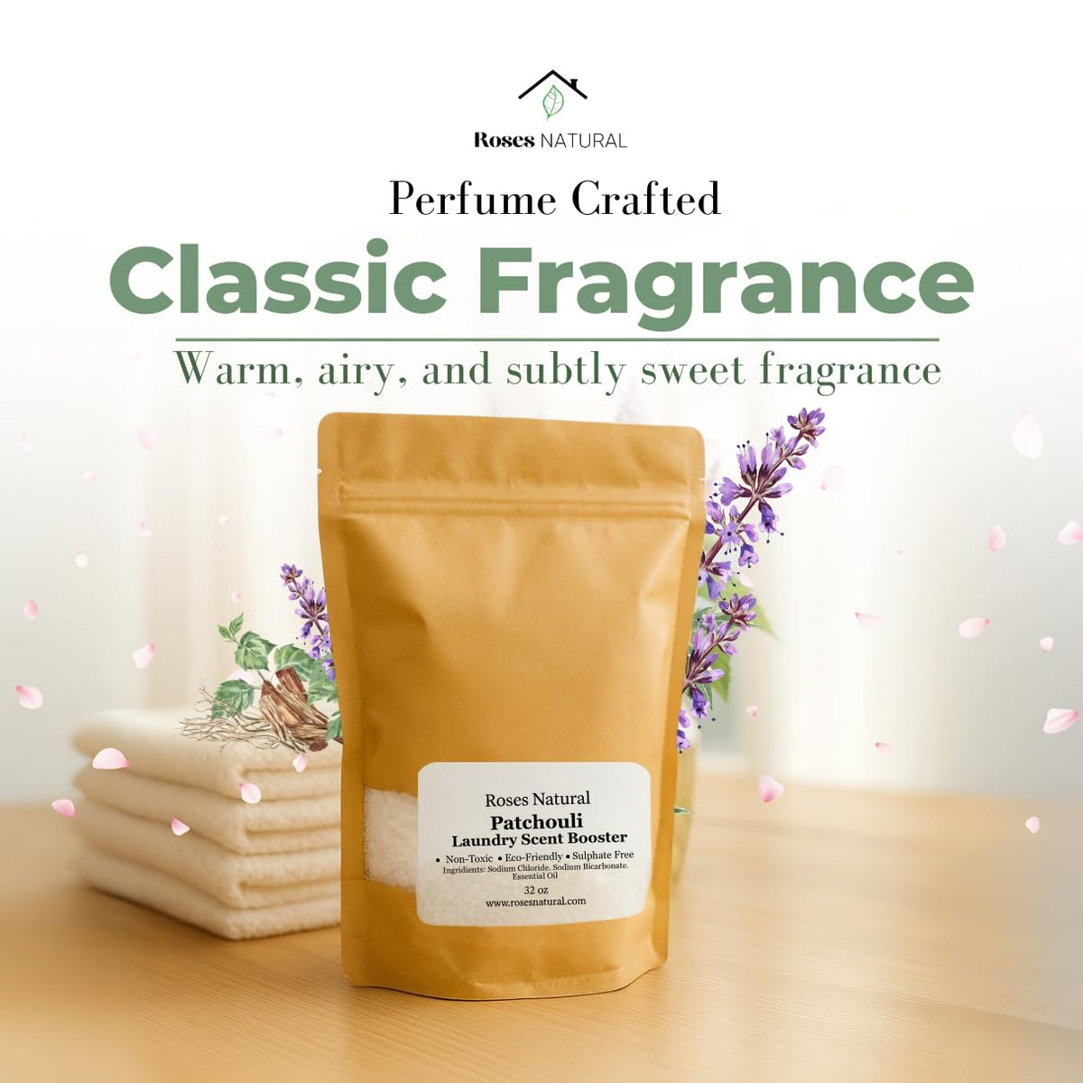 Roses Natural Patchouli In-Wash fragrance beads close up delivering fresh musky notes