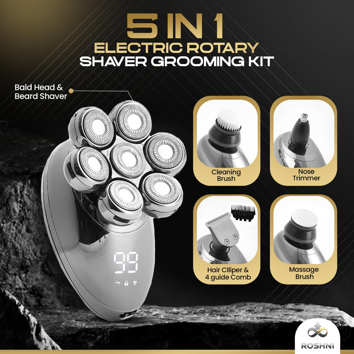 ROSHNI headshaver with magnetic detachable head for easy cleaning.