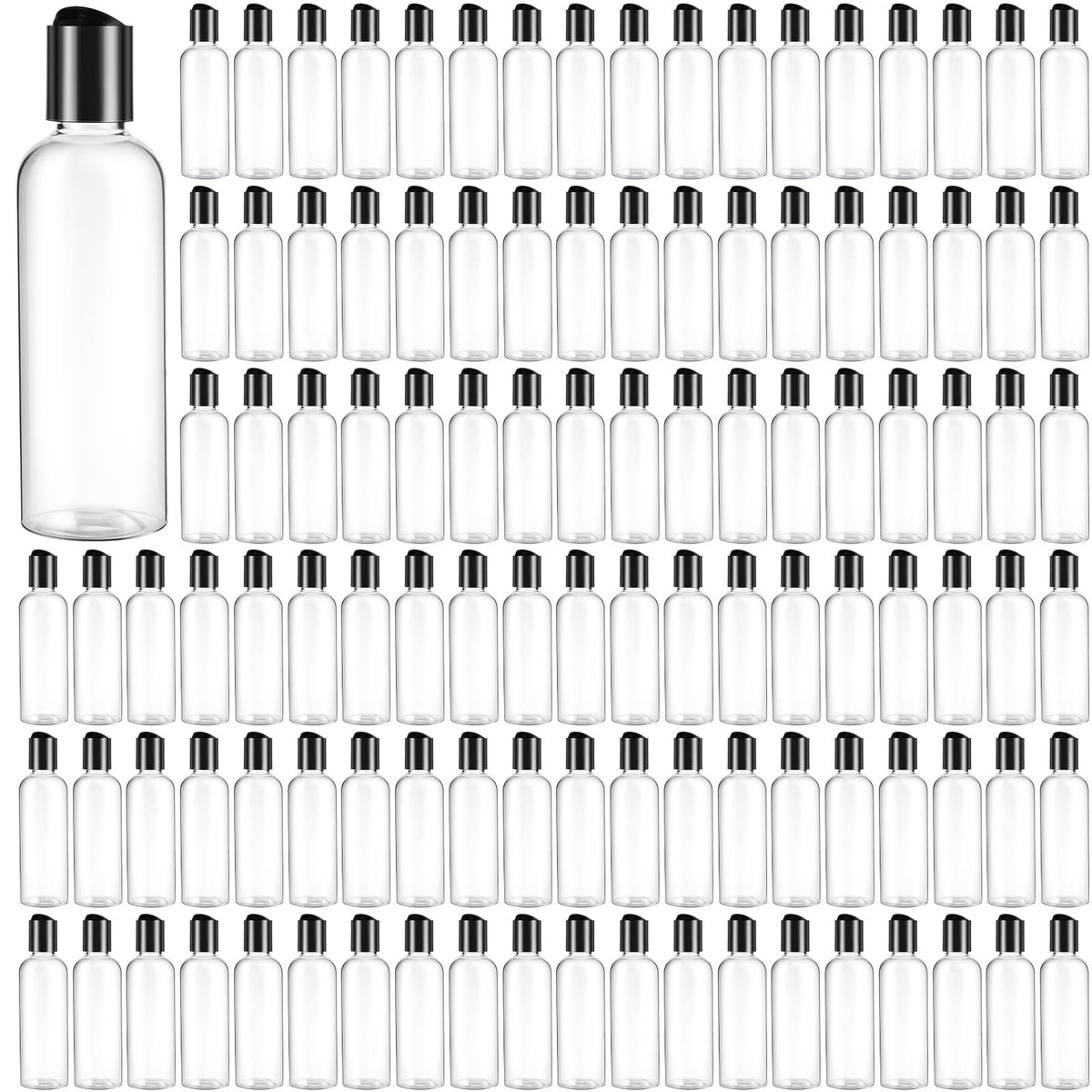 Roshtia 3.4 oz travel bottles in a 100-pack with disc-top cap for bulk group use