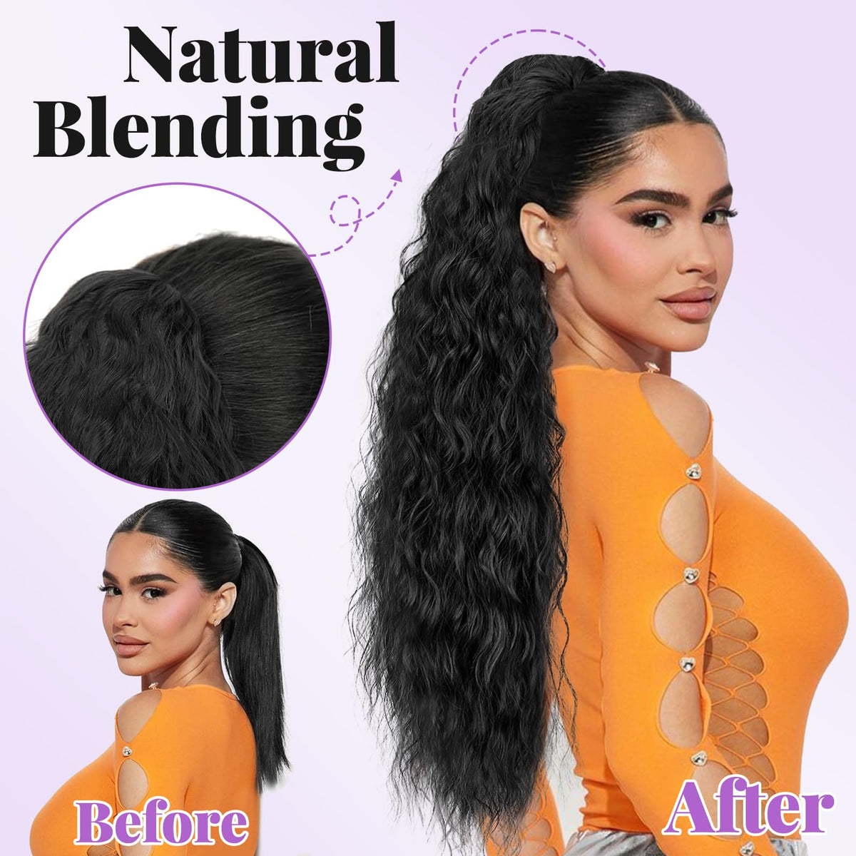 Rosooi clip-in ponytail long curly-wavy for seamless everyday wear
