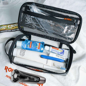 Rough Enough clear bag side view, compact TSA approved organizer for toiletries