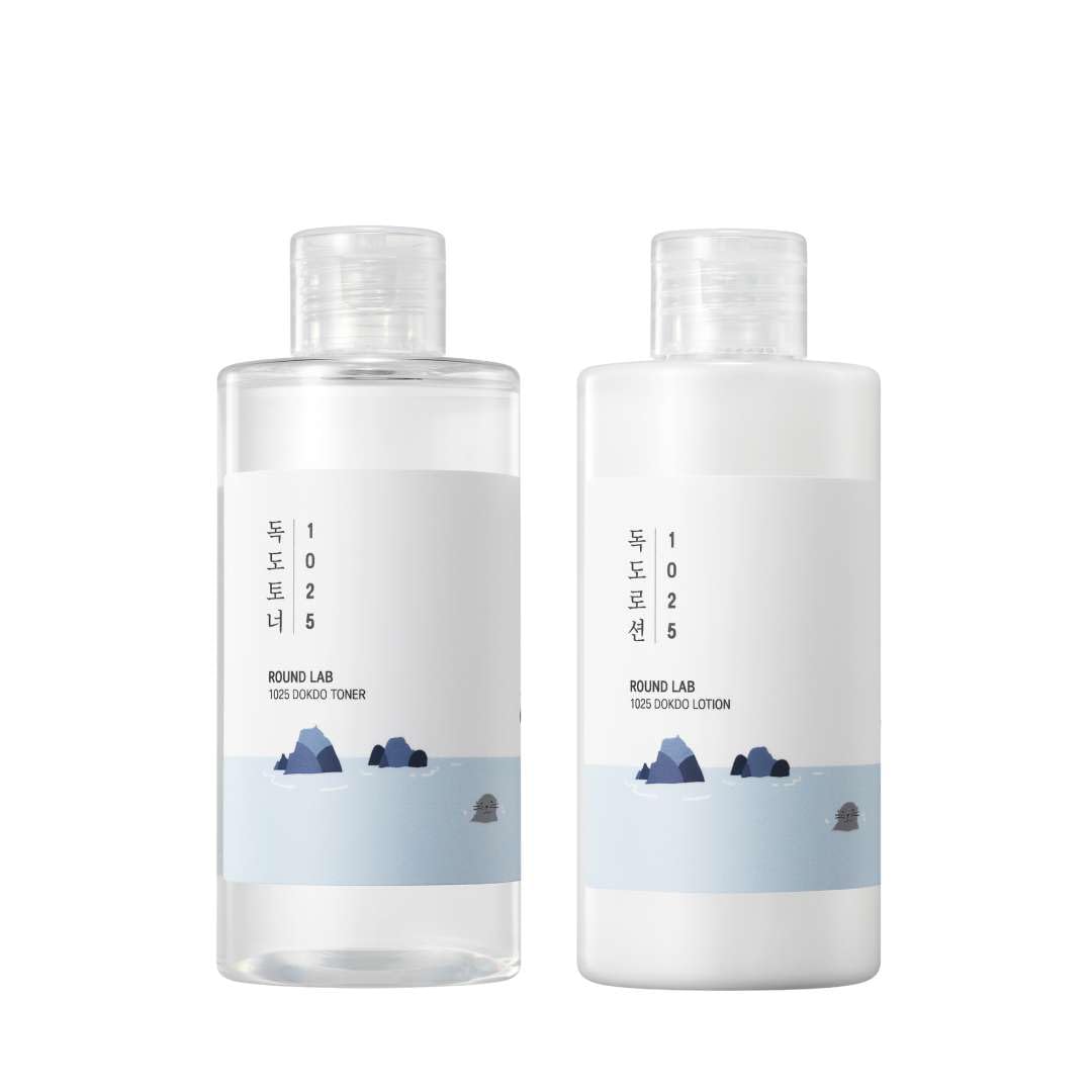 Round Lab 1025 Dokdo Toner bottle highlights hydrating formula for sensitive skin.