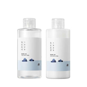 Round Lab 1025 Dokdo Toner bottle highlights hydrating formula for sensitive skin.