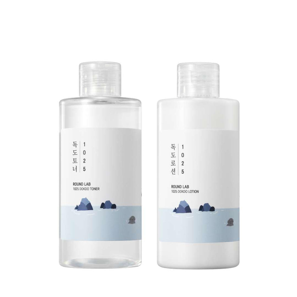 Round Lab 1025 Dokdo Toner bottle highlights hydrating formula for sensitive skin.