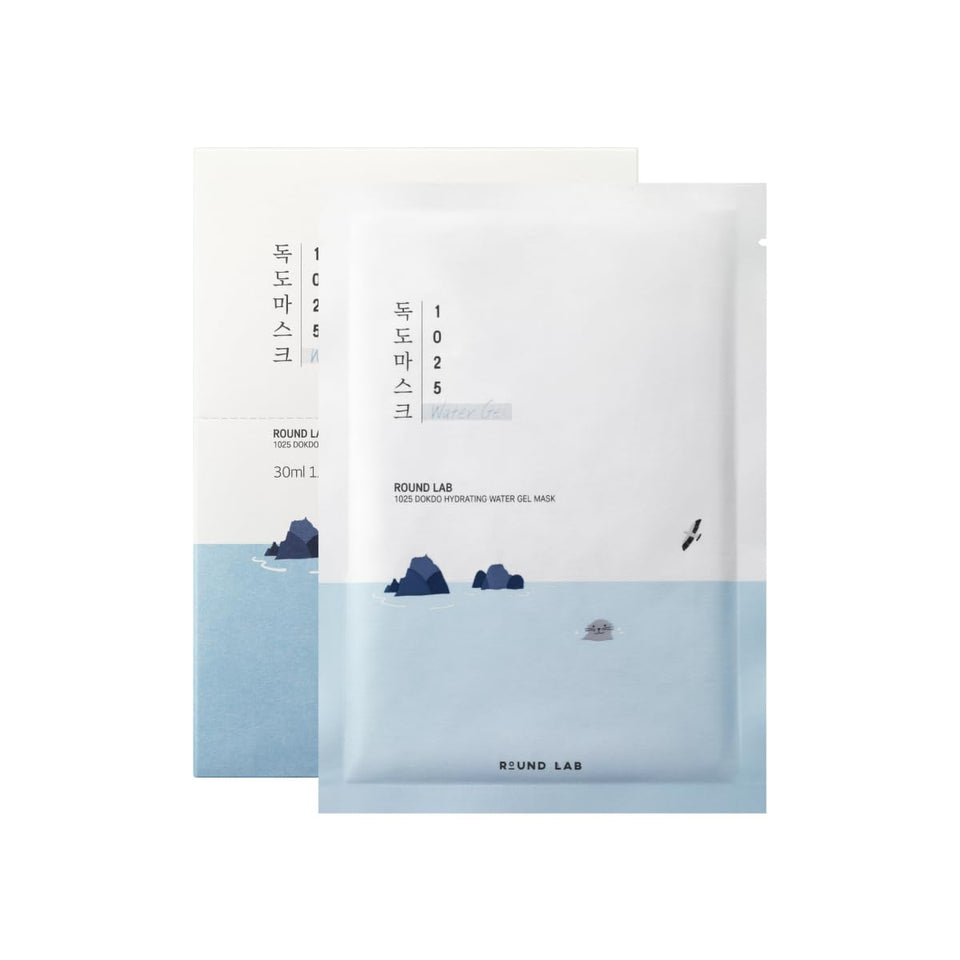 ROUND LAB 1025 Water Gel Mask packaging close-up highlights unscented hydration for sensitive skin.