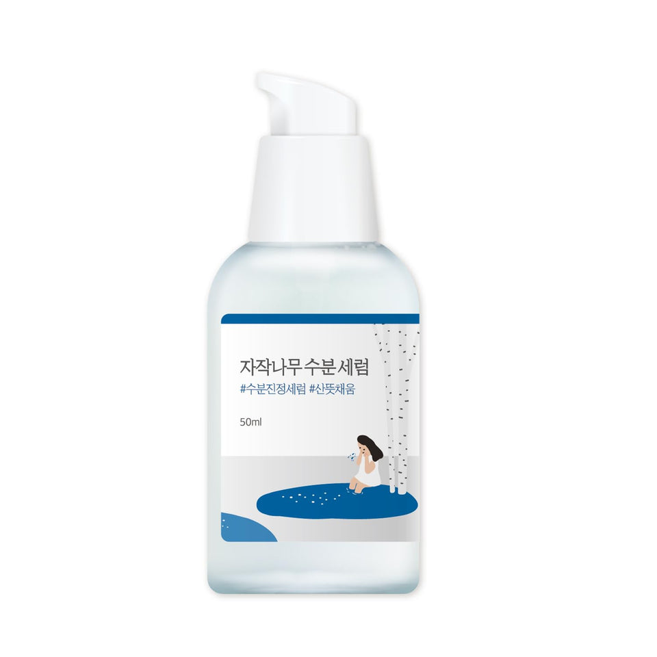 ROUND LAB Birch Juice Serum bottle close-up showing hydrating formula for daily skin moisture.