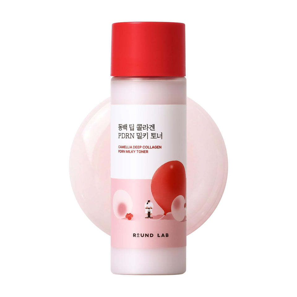 ROUND LAB Camellia Collagen PDRN Milky Toner bottle delivering deep hydration for glass skin prep.