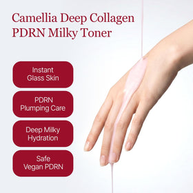 ROUND LAB Camellia Collagen PDRN Milky Toner close-up of dispensing action for daily use.
