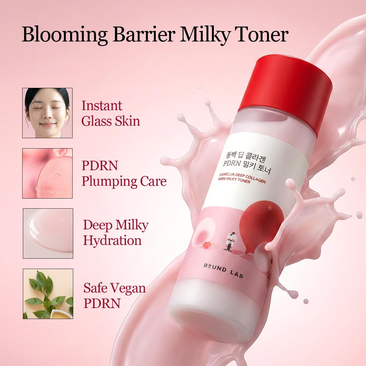 ROUND LAB Camellia Collagen PDRN Milky Toner on skin ready for morning routine.