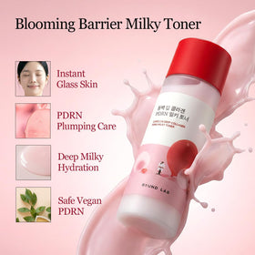 ROUND LAB Camellia Collagen PDRN Milky Toner on skin ready for morning routine.