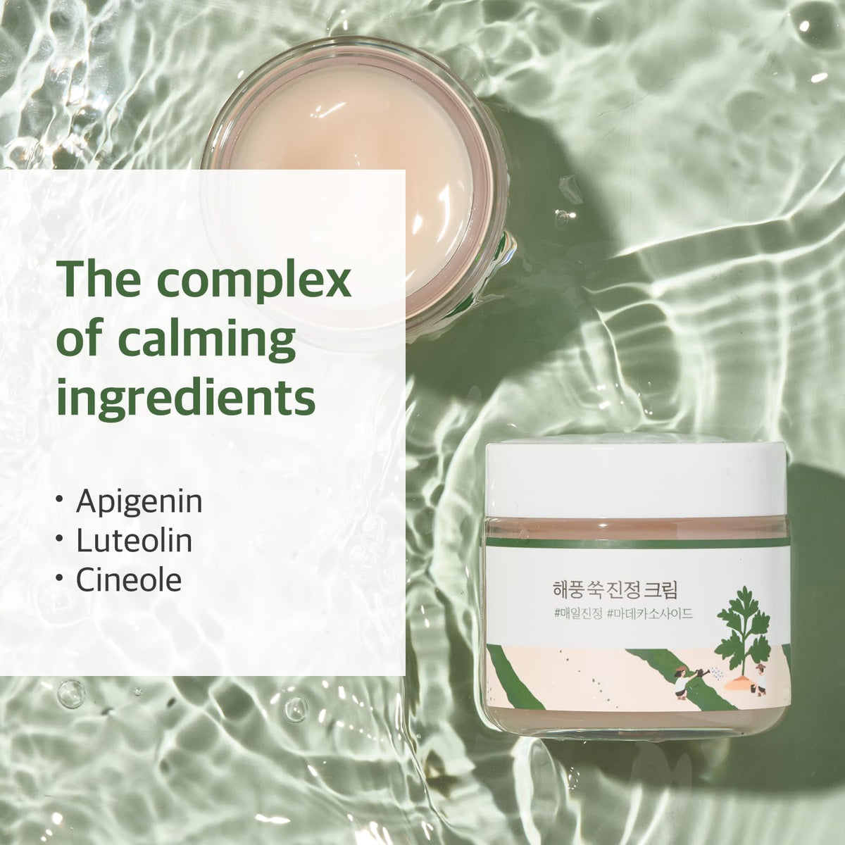 Madecassoside component in ROUND LAB Calming Cream supports gentle skin