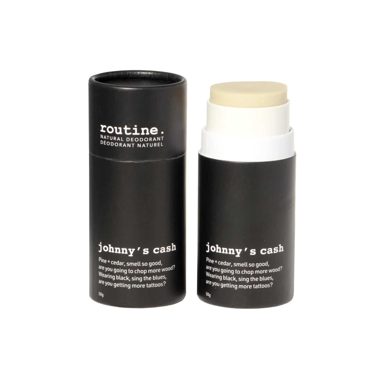 Routine Johnny's Cash Deo Stick packaging twist-up reduces plastic waste and supports sustainable manufacturing.