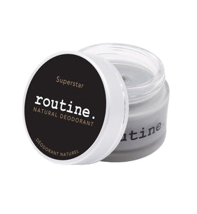 Routine Superstar activated charcoal deodorant jar demonstrates compact packaging and odor-control benefits.