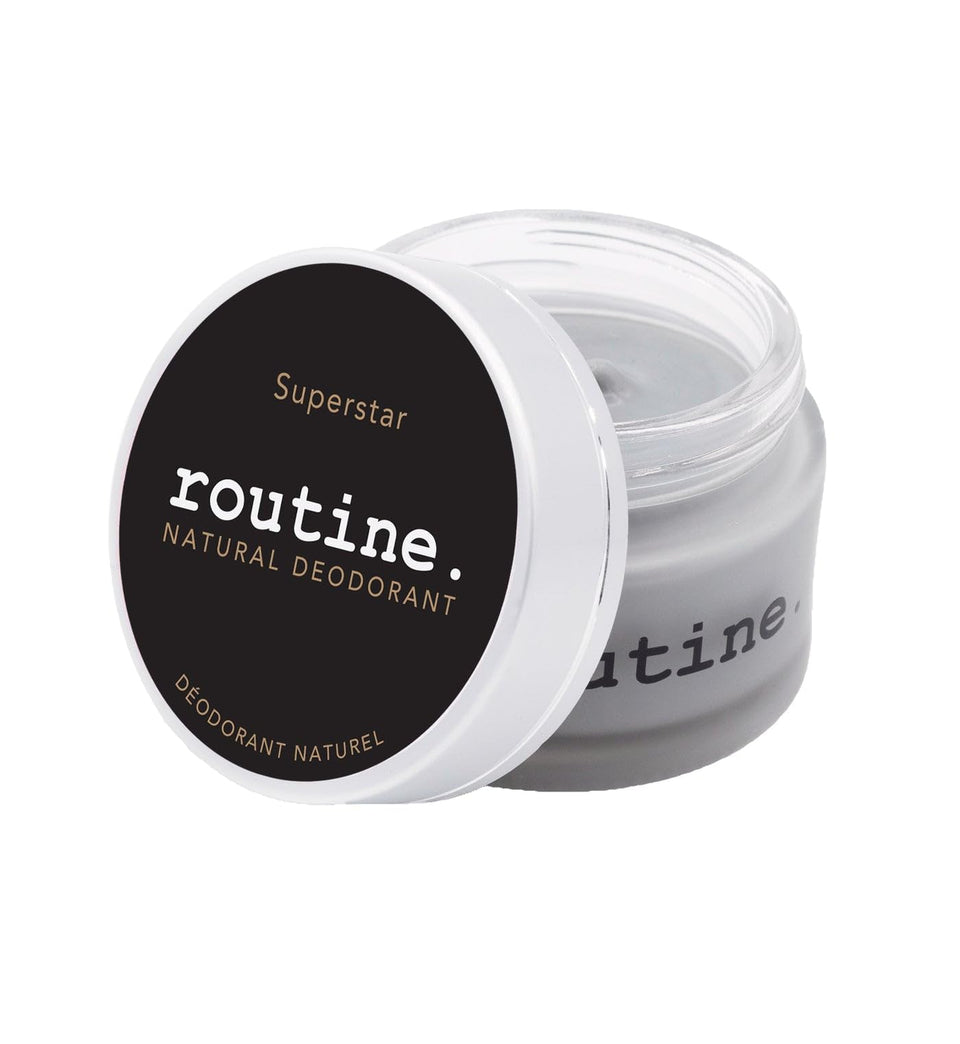 Routine Superstar activated charcoal deodorant jar demonstrates compact packaging and odor-control benefits.