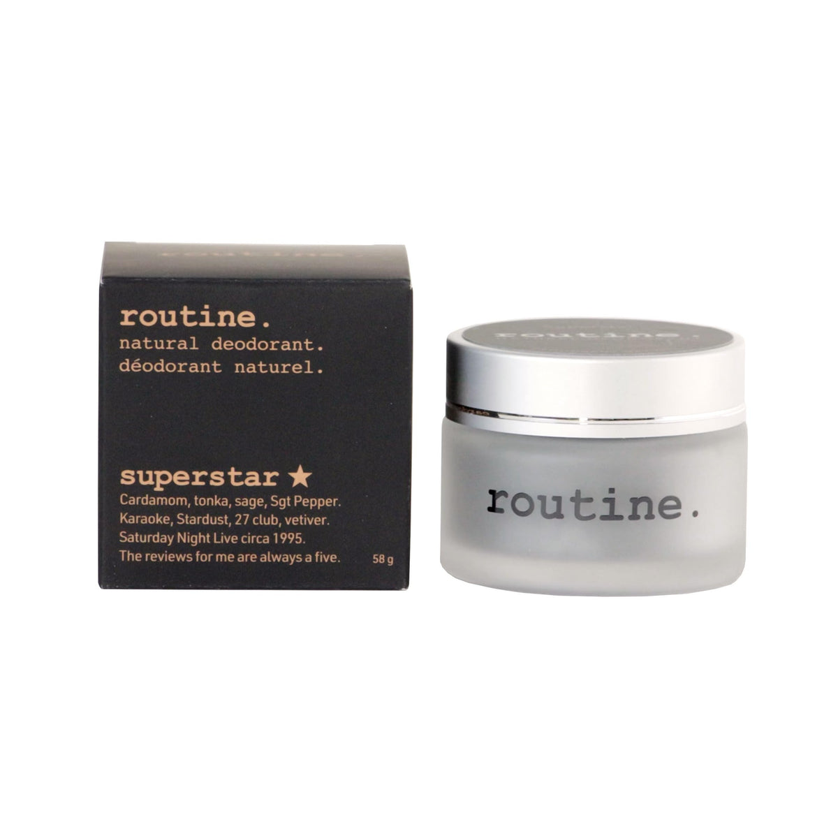 Routine Superstar ingredients tonka sage cardamom rosalina highlight a warm, inviting scent.