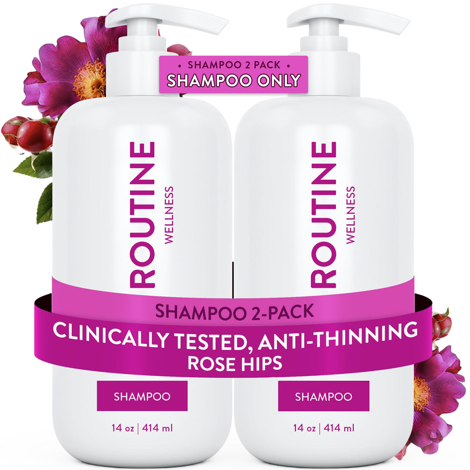 Routine Wellness Anti-Thinning Shampoo bottle pour for easy application and daily use.