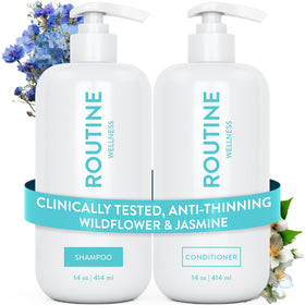 Routine Wellness anti-thinning shampoo bottle pouring for fuller-looking hair
