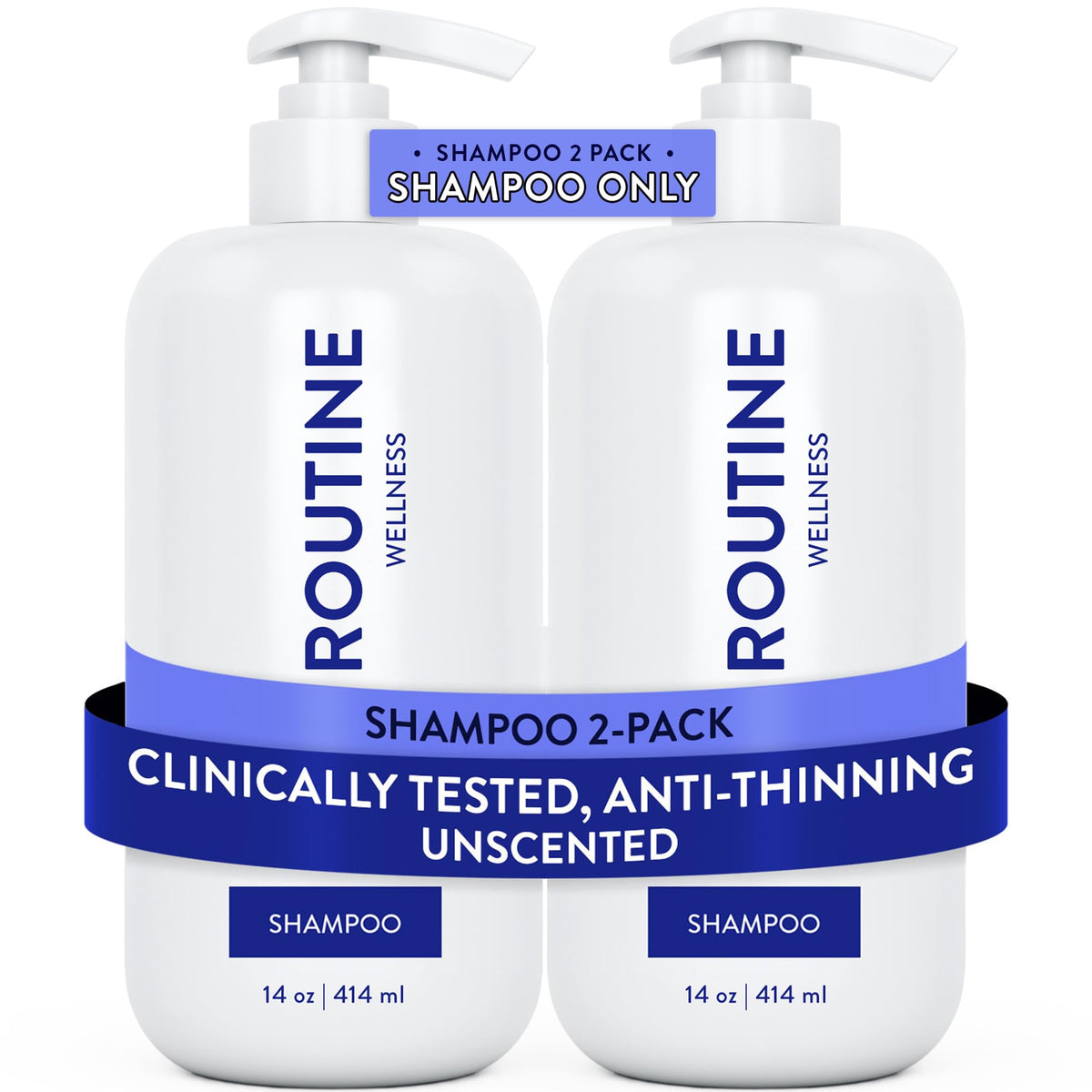 Routine Wellness anti-thinning shampoo bottle shown for stronger hair.