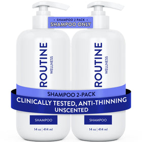 Routine Wellness anti-thinning shampoo bottle shown for stronger hair.