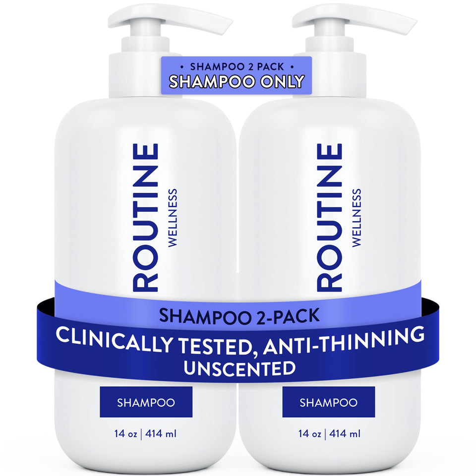Routine Wellness anti-thinning shampoo bottle shown for stronger hair.