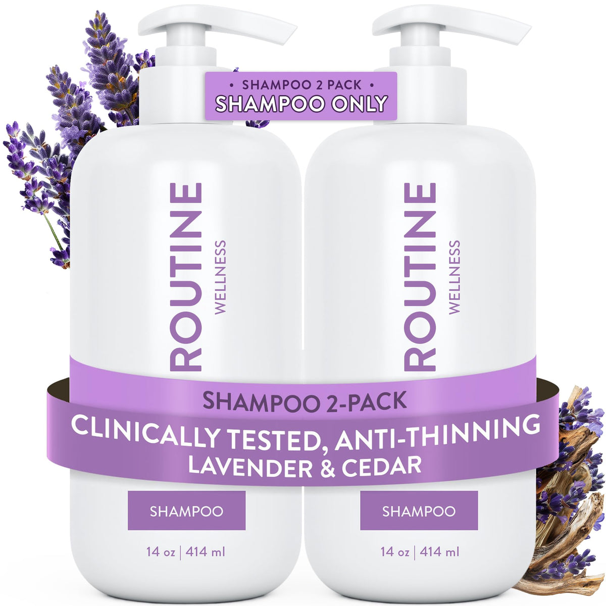 Routine Wellness anti-thinning shampoo bottle with lavender-cedar scent supports fuller-looking hair.