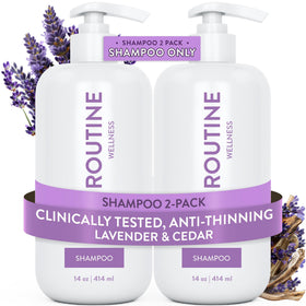 Routine Wellness anti-thinning shampoo bottle with lavender-cedar scent supports fuller-looking hair.