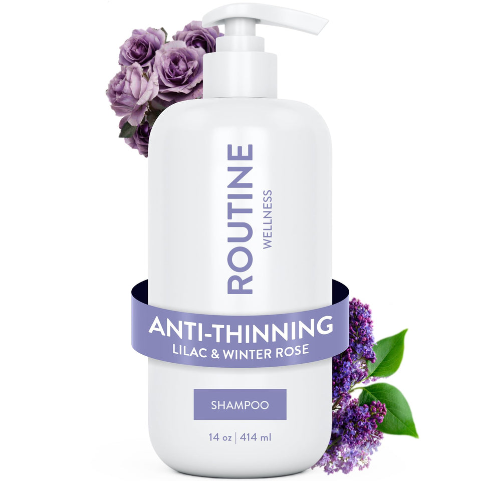 Routine Wellness anti-thinning shampoo bottle highlights biotin and DHT blockers for fuller look