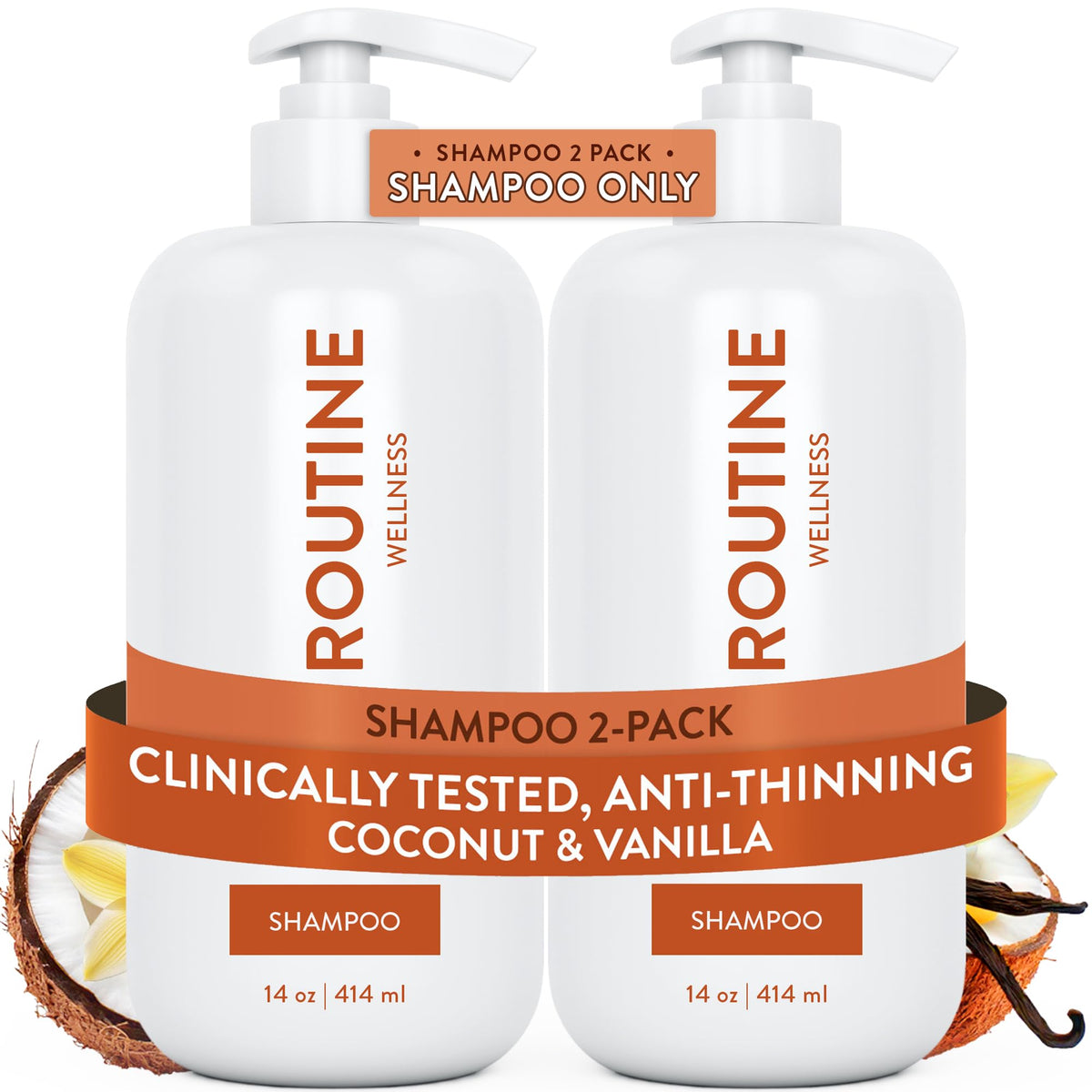 Routine Wellness anti-thinning shampoo bottle highlighting biotin blend for stronger hair