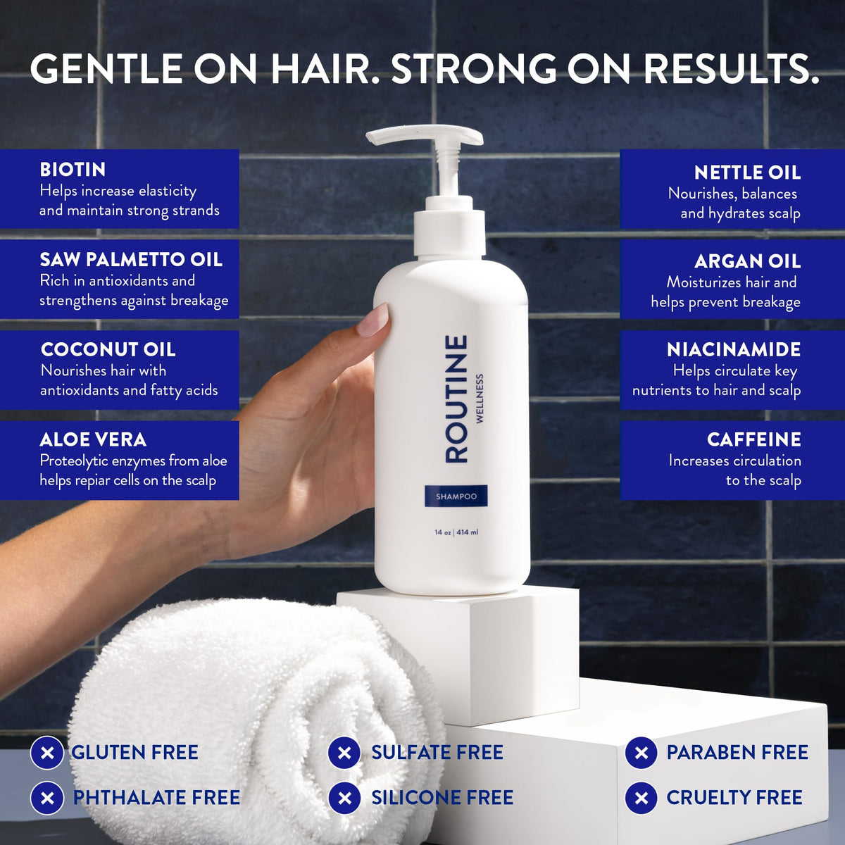 Routine Wellness anti-thinning shampoo bottle during scalp massage demonstrates soothing cleansing routine