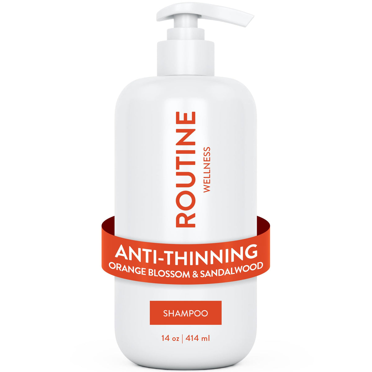 Routine Wellness anti-thinning shampoo bottle with orange blossom and sandalwood for fuller-looking hair.