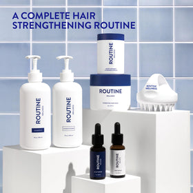 Routine Wellness bottle integrated into daily routine for stronger, healthier-looking hair.