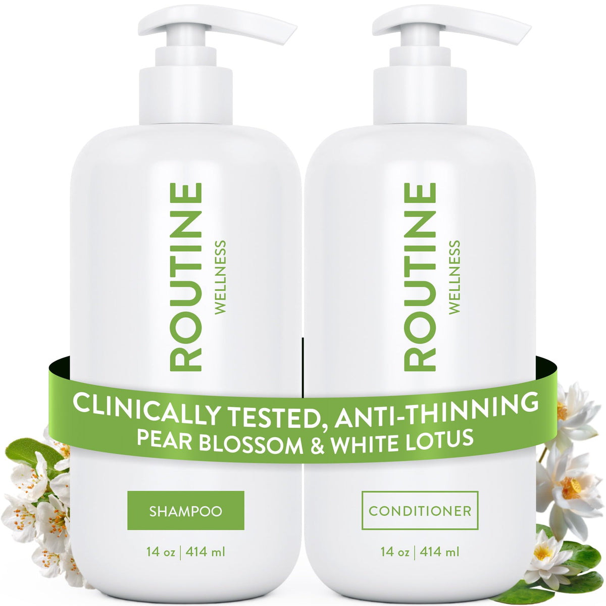Routine Wellness Pear Blossom Shampoo bottle promotes volume for fuller-looking hair.