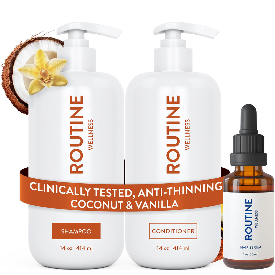 Routine Wellness shampoo bottle featuring coconut-vanilla formula for smoother, fuller-looking hair.