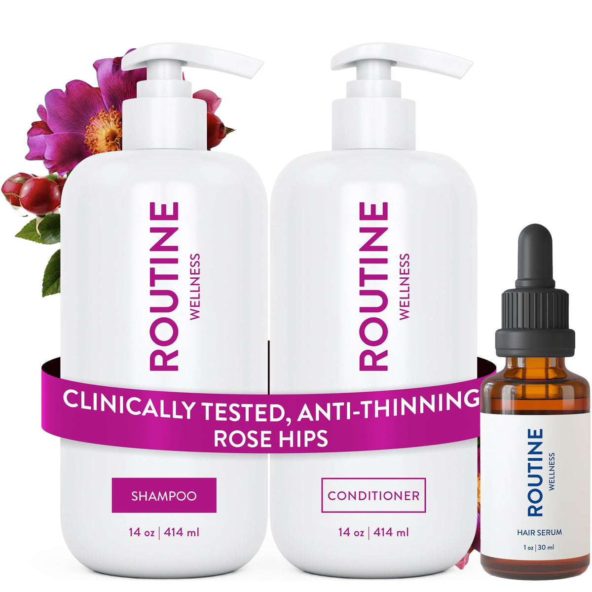 Routine Wellness shampoo bottle front shows sulfate-free formula for thinning hair.