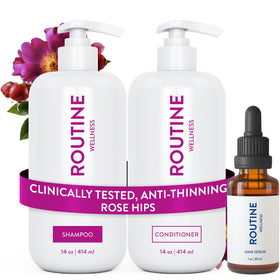 Routine Wellness shampoo bottle front shows sulfate-free formula for thinning hair.