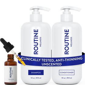 Routine Wellness shampoo bottle showcases a color-safe formula for thinning hair.