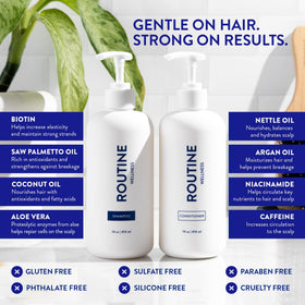 Routine Wellness volumizing shampoo application with rich lather