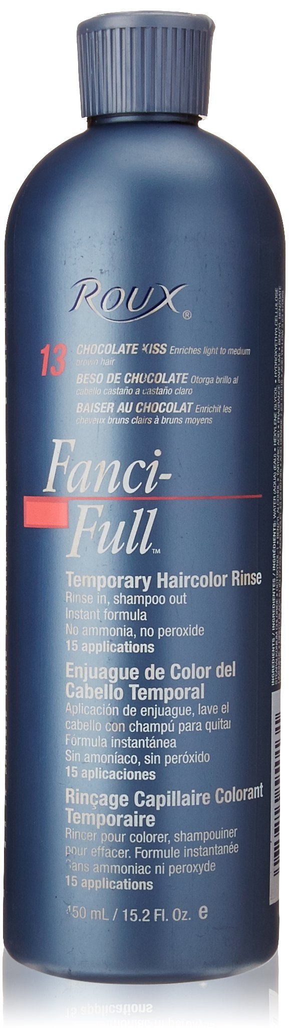 Roux Fanci-Full Rinse Chocolate Kiss bottle shows color-conditioning for vibrant hair.