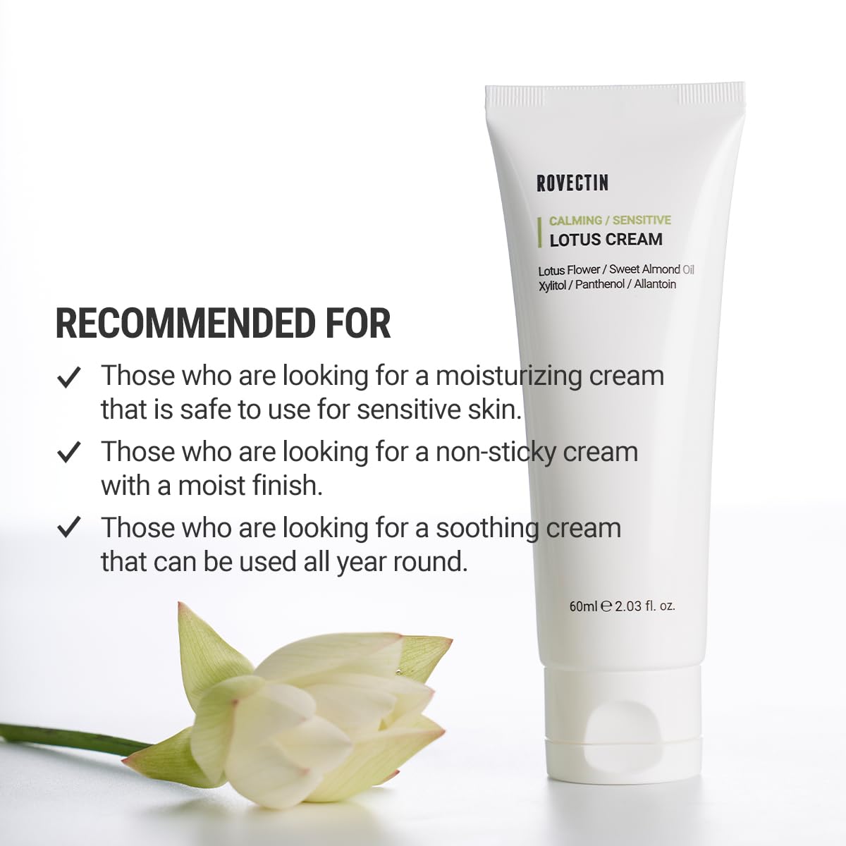 ROVECTIN Calming Lotus Water Cream bottle close-up emphasizing lotus water extract and soothing hydration.