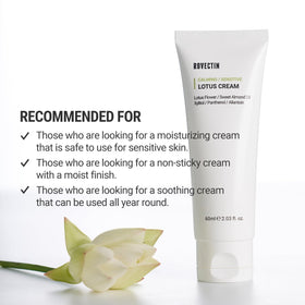 ROVECTIN Calming Lotus Water Cream bottle close-up emphasizing lotus water extract and soothing hydration.