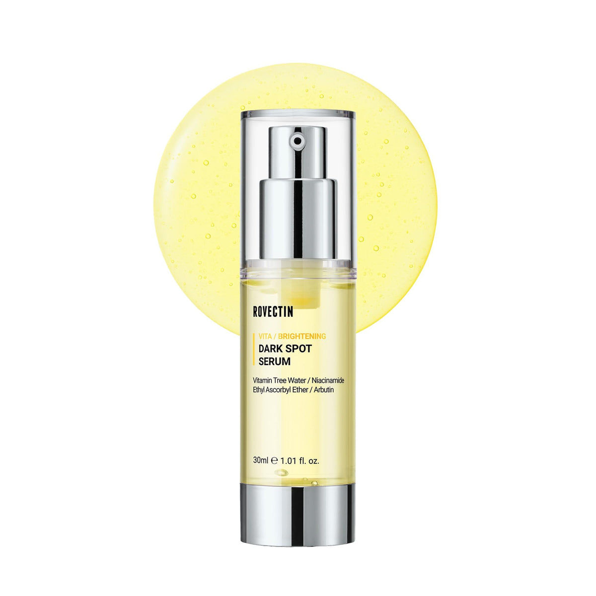 ROVECTIN Vita Dark Spot Serum bottle close-up, vegan and gentle brightening.