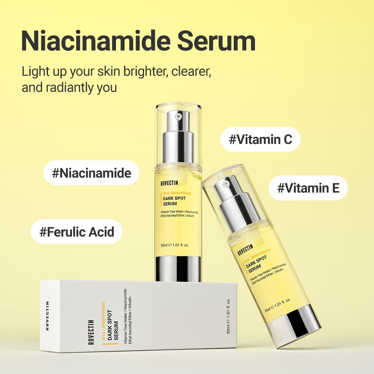ROVECTIN Vita Dark Spot Serum dropper showing fast absorption texture.
