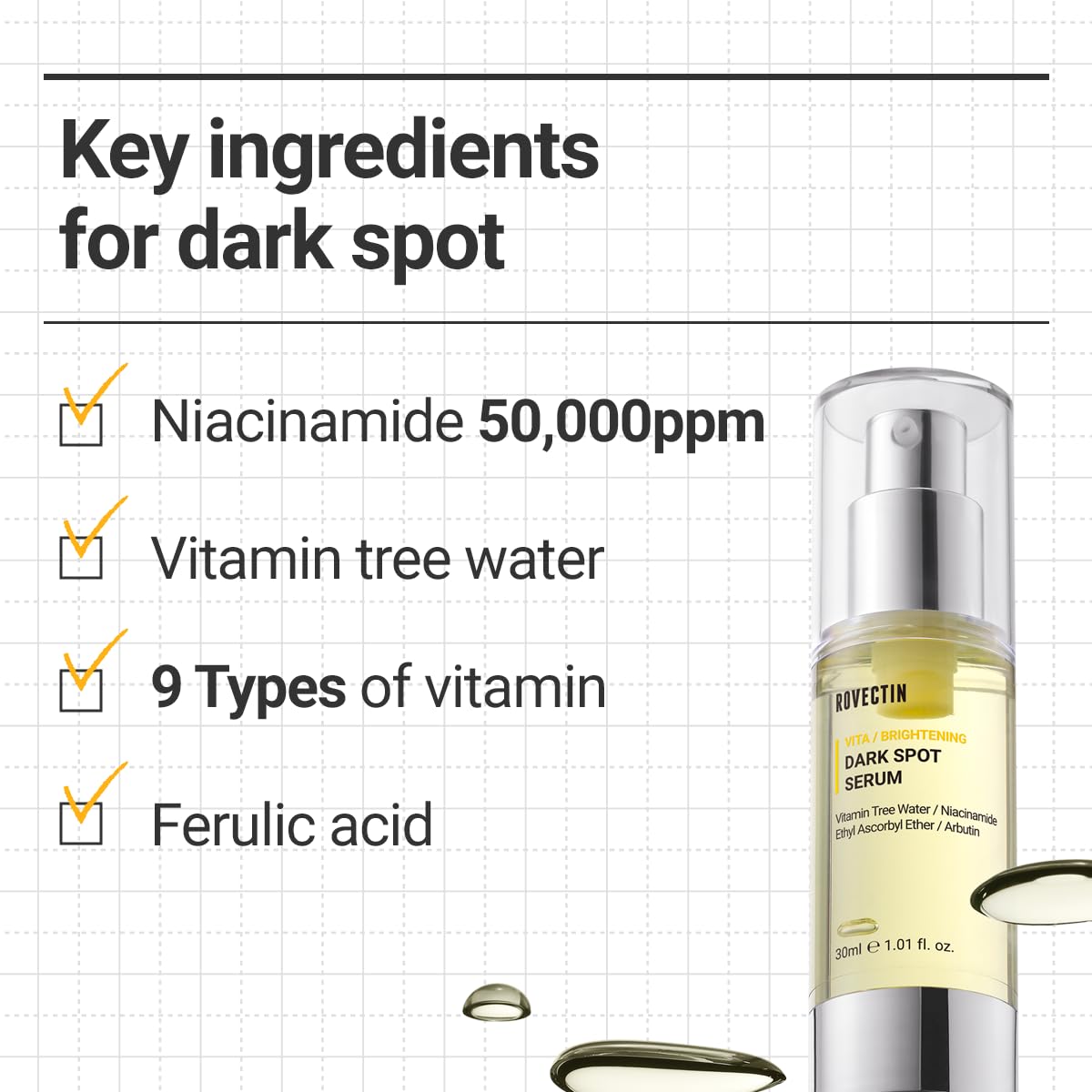 ROVECTIN Vita Dark Spot Serum ingredient label highlighting Vitamin Tree extract.