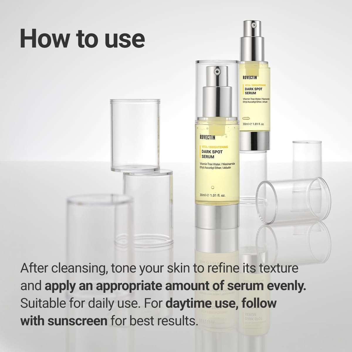 ROVECTIN Vita Dark Spot Serum packaging confirms vegan, dermatologist-tested status.