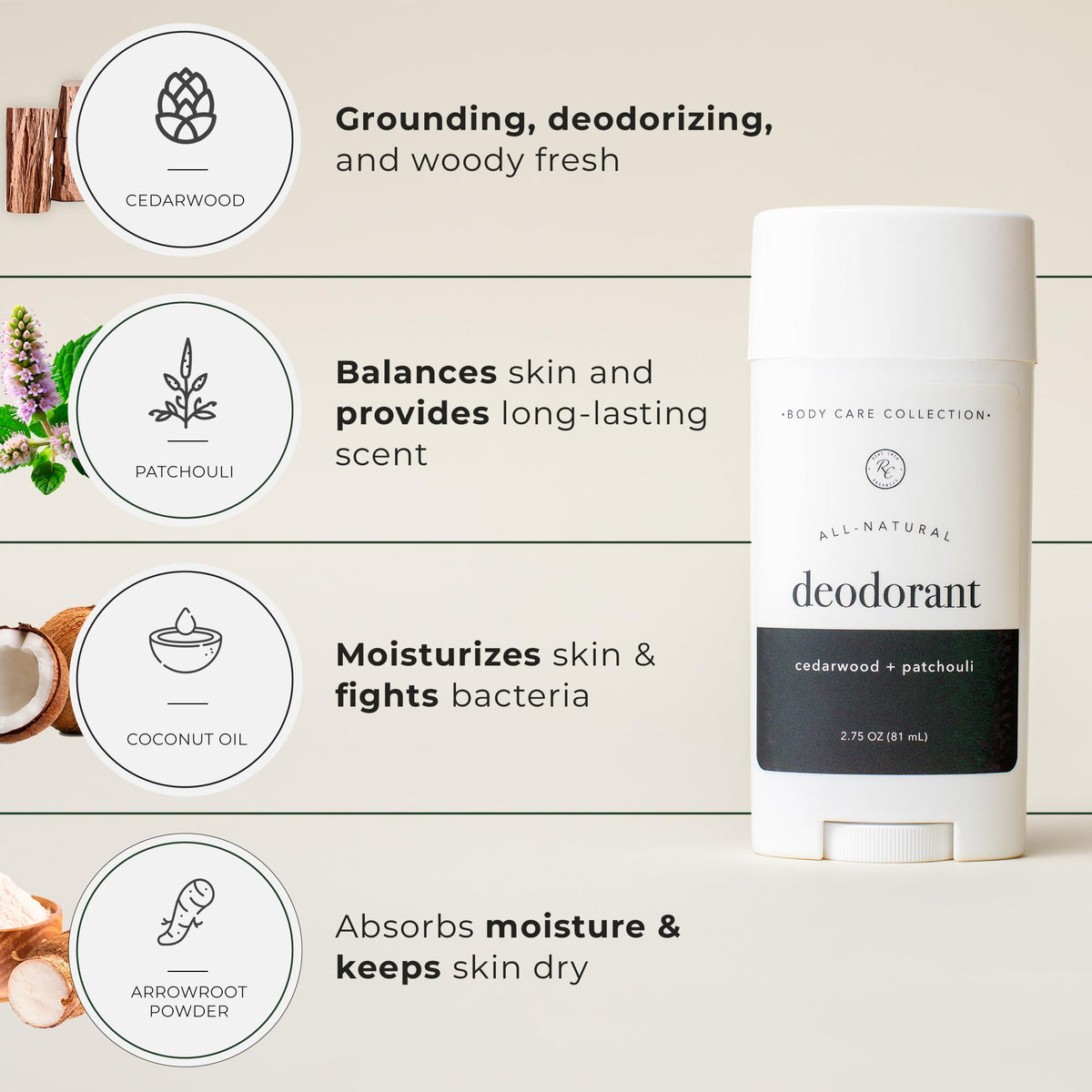 Rowe Casa Organics cedarwood patchouli ingredients close-up, plant-based formula