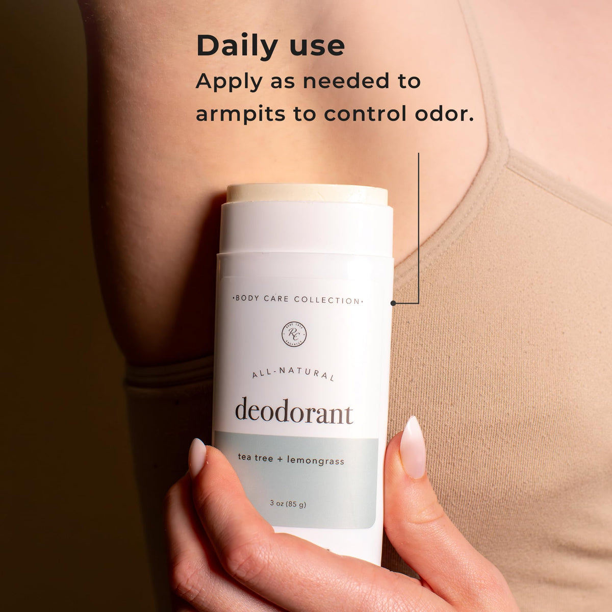 Rowe Casa Organics deodorant application demonstrates smooth, glide-on texture for comfortable daily use.