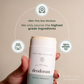 Rowe Casa Organics deodorant close-up highlights natural ingredients and a clean, phthalate-free formula.