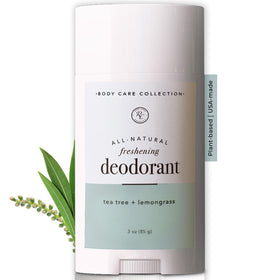 Rowe Casa Organics Tea Tree + Lemongrass deodorant bottle showing a fresh, citrusy aroma for daily freshness.